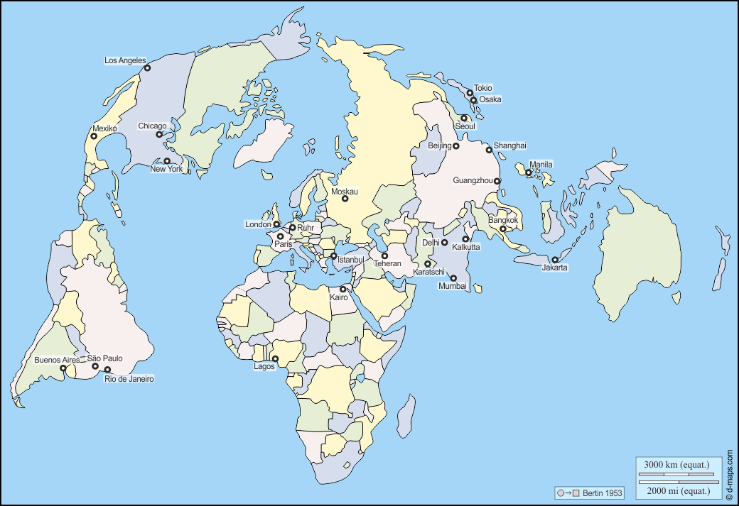 Planisphäre Welt (Nordpol) : d-maps.com: Kostenlose Karten, kostenlose stumme Karte, kostenlose unausgefüllt Landkarte, kostenlose hochauflösende Umrisskarte : Länder, Hauptballungszentren, Namen, Farbe