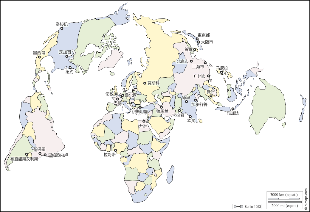 世界计划圈（北极） : d-maps.com: 免费地图, 免费的空白地图, 免费的轮廓地图, 免费基地地图 : 国家, 主要城镇, 名称, 颜色, 白
